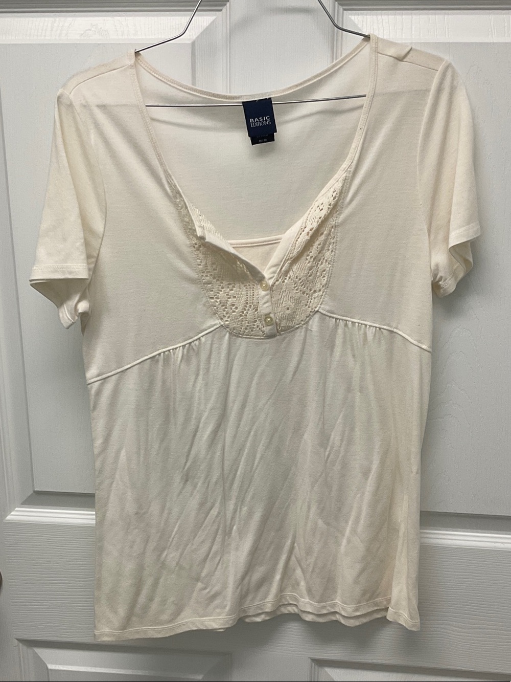 Basic Editions Ivory Lace-Trim Short Sleeve Tee